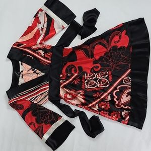 Bebe Floral Silk V-neck Red and Black Mini Dress